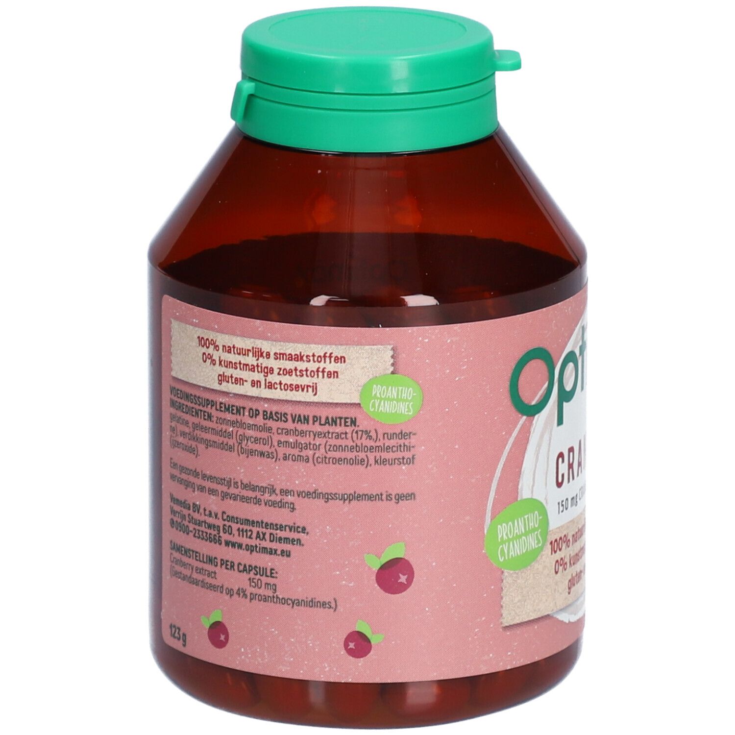 Achterkant van de fles. Tekst: Optimax Cranberry. Ingrediëntenlijst, voedingswaarde. 123g. Gluten- en lactosevrij.