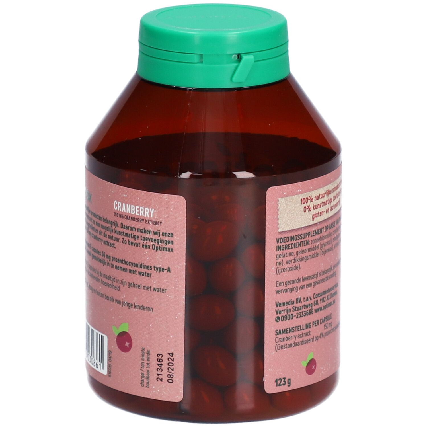 Fles met capsules. Opschrift: Optimax Cranberry. Houdbaarheidsdatum 08/2024. 123g. Gluten- en lactosevrij.