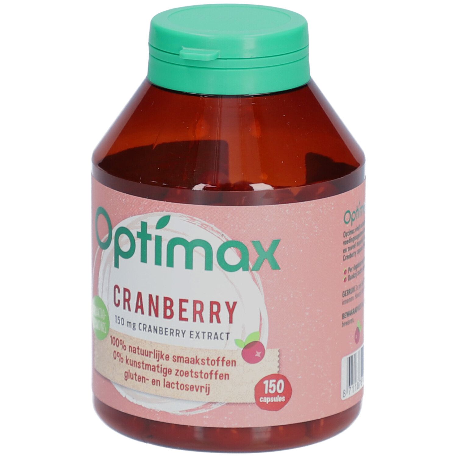 Bruine fles met groene dop. Opschrift: Optimax Cranberry, 150 mg cranberry extract. 150 capsules.