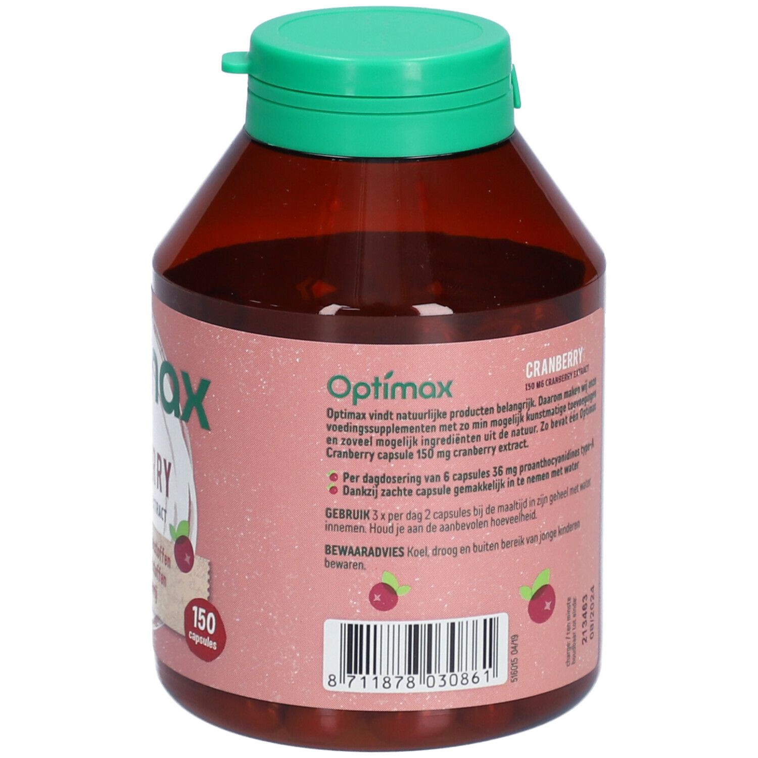 Achterkant van de fles. Tekst: Optimax Cranberry. Gebruiksaanwijzing, bewaaradvies. 150 capsules.