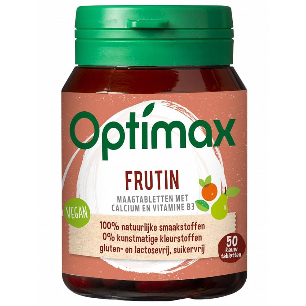 Flacon marron avec couvercle vert. Inscription : Optimax Frutin Kautabletten. 50 comprimés. Vegan.