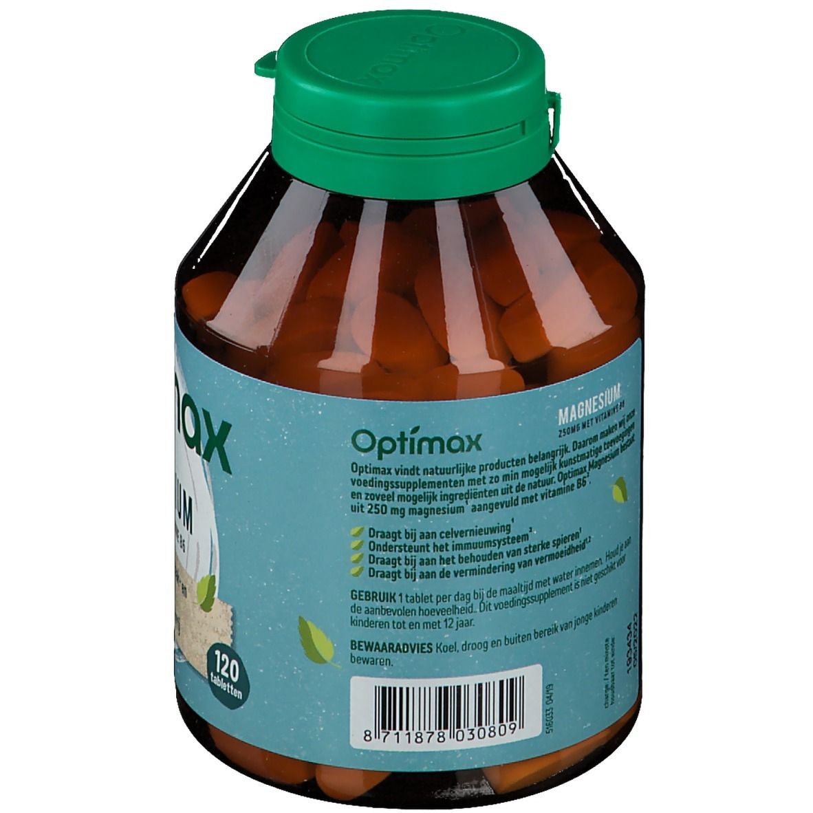 Dos d'un flacon brun avec bouchon vert. Texte: Optimax Magnesium. 120 comprimés. Ingrédients et mode d'emploi.