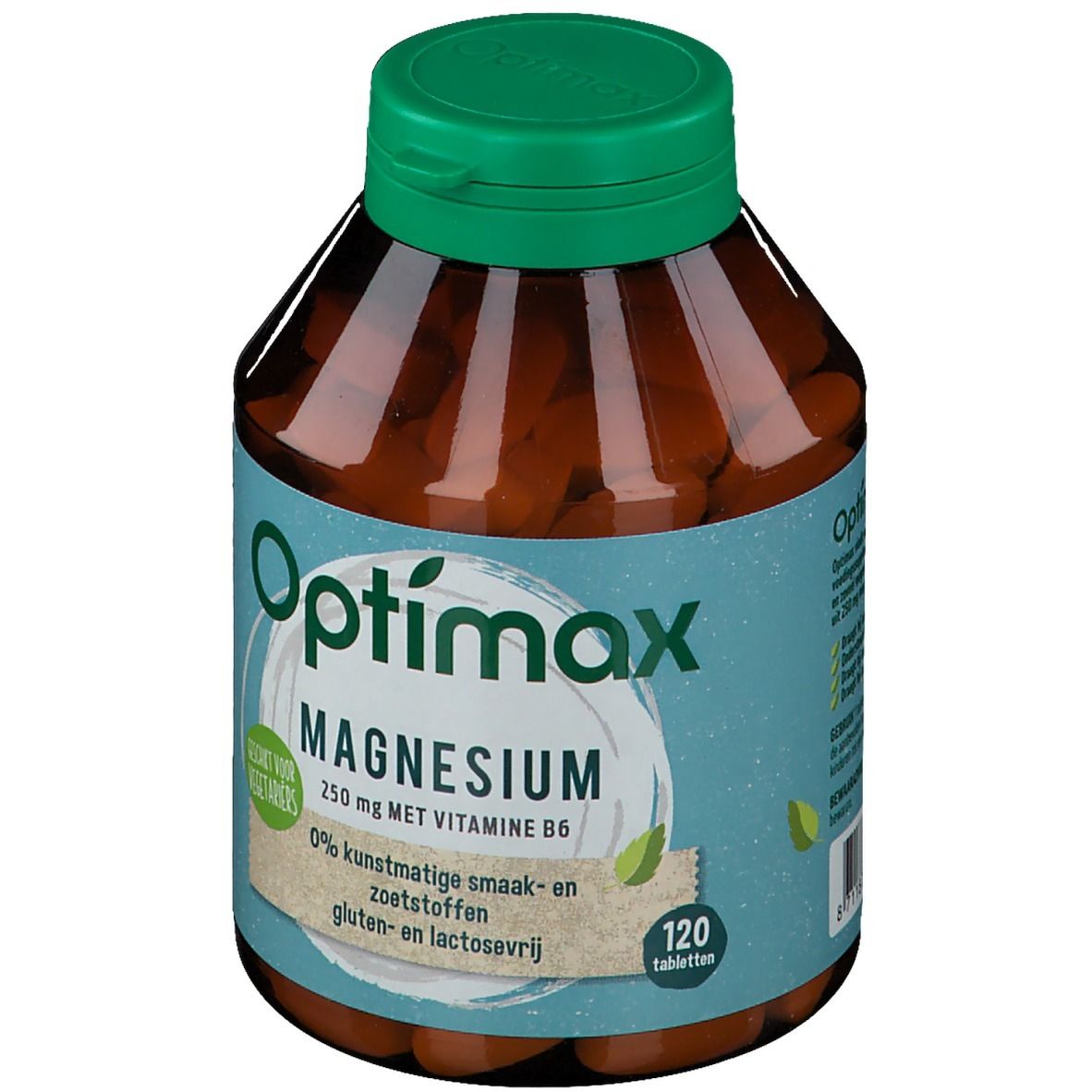 Flacon brun avec bouchon vert. Inscription: Optimax Magnesium 250 mg avec vitamine B6. 120 comprimés.