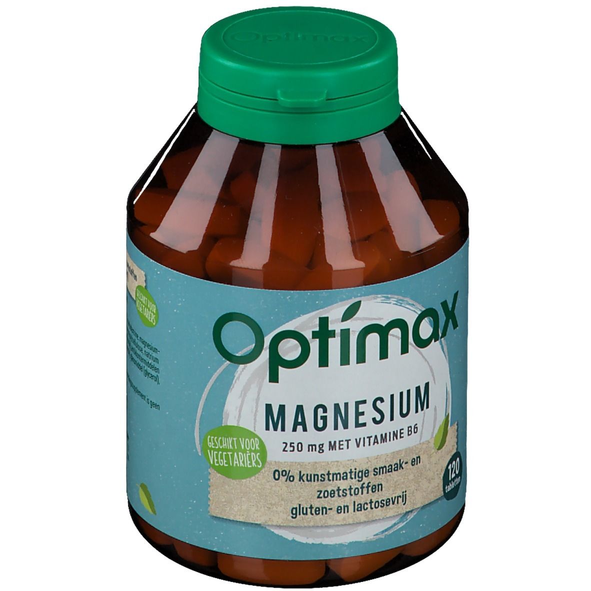 Flacon brun avec bouchon vert. Inscription: Optimax Magnesium 250 mg avec vitamine B6. 120 comprimés. Convient aux végétariens.