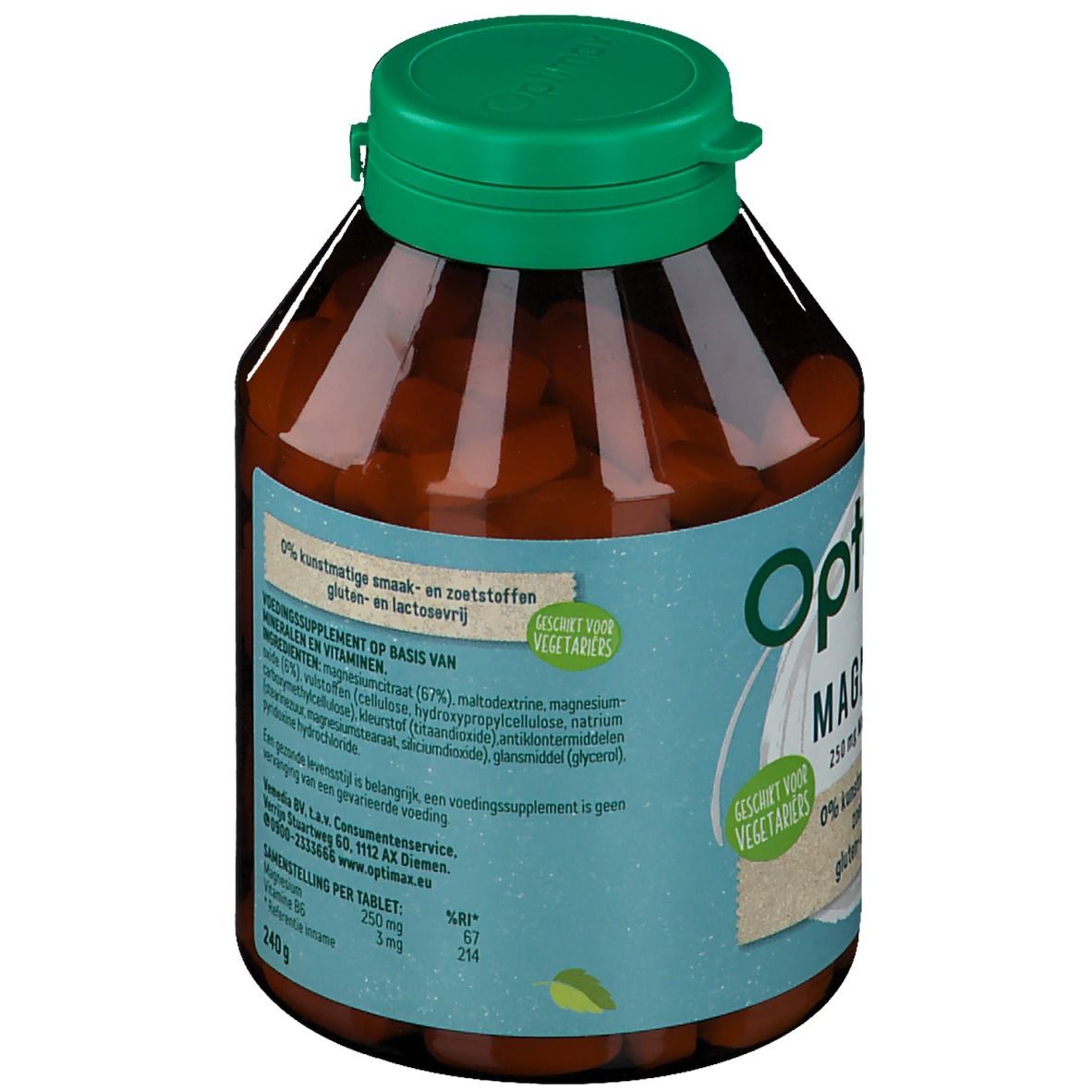 Dos d'un flacon brun avec bouchon vert. Texte: Optimax Magnesium. Ingrédients, informations nutritionnelles, convient aux végétariens.