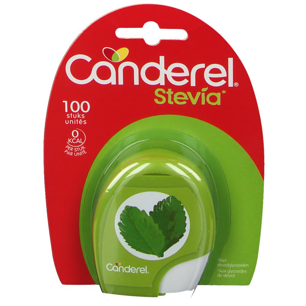 Distributeur vert de comprimés Canderel Stevia dans un emballage blister rouge. Inscription : Canderel Stevia. 100 unités.
