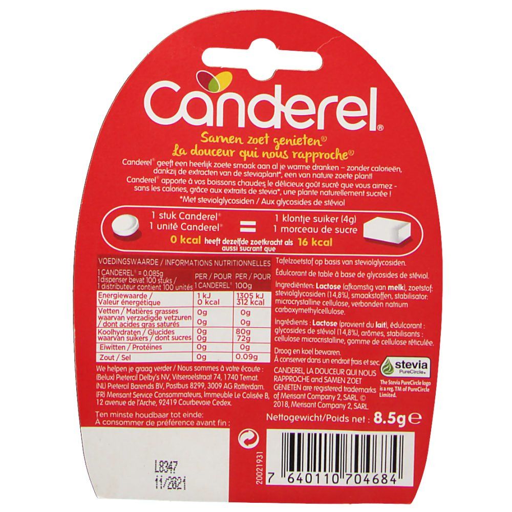 Dos de l'emballage rouge Canderel Stevia avec texte et informations nutritionnelles. Logo Stevia.