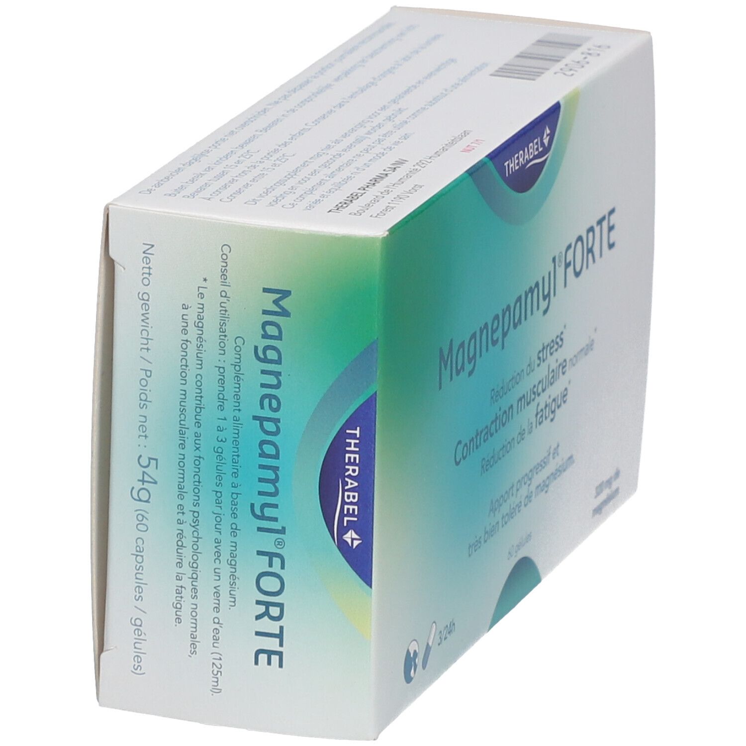 Verpakking van Magnepamyl Forte. Ingrediënten en informatie. Merk: Therabel. 60 capsules, 54g.