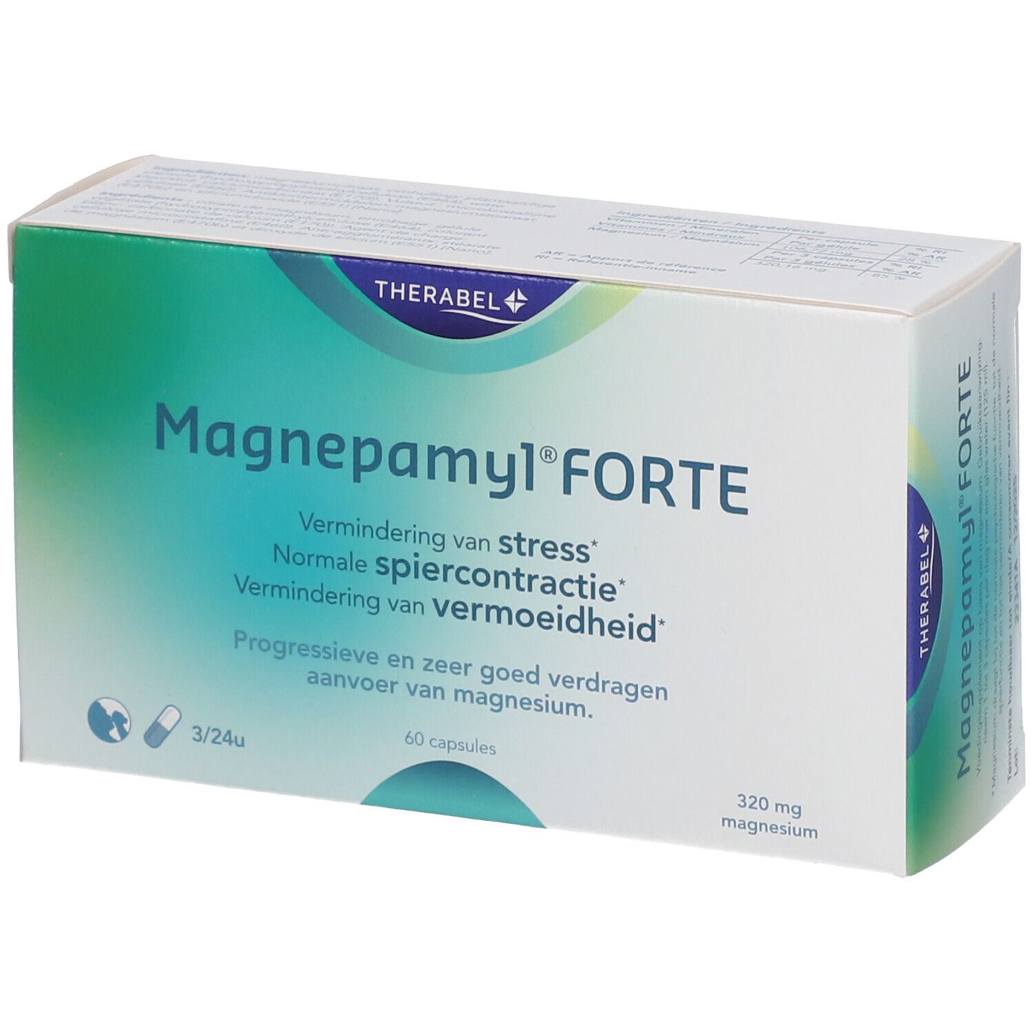Verpakking van Magnepamyl Forte. Ingrediënten en informatie. 60 capsules, 320 mg magnesium. Merk: Therabel.