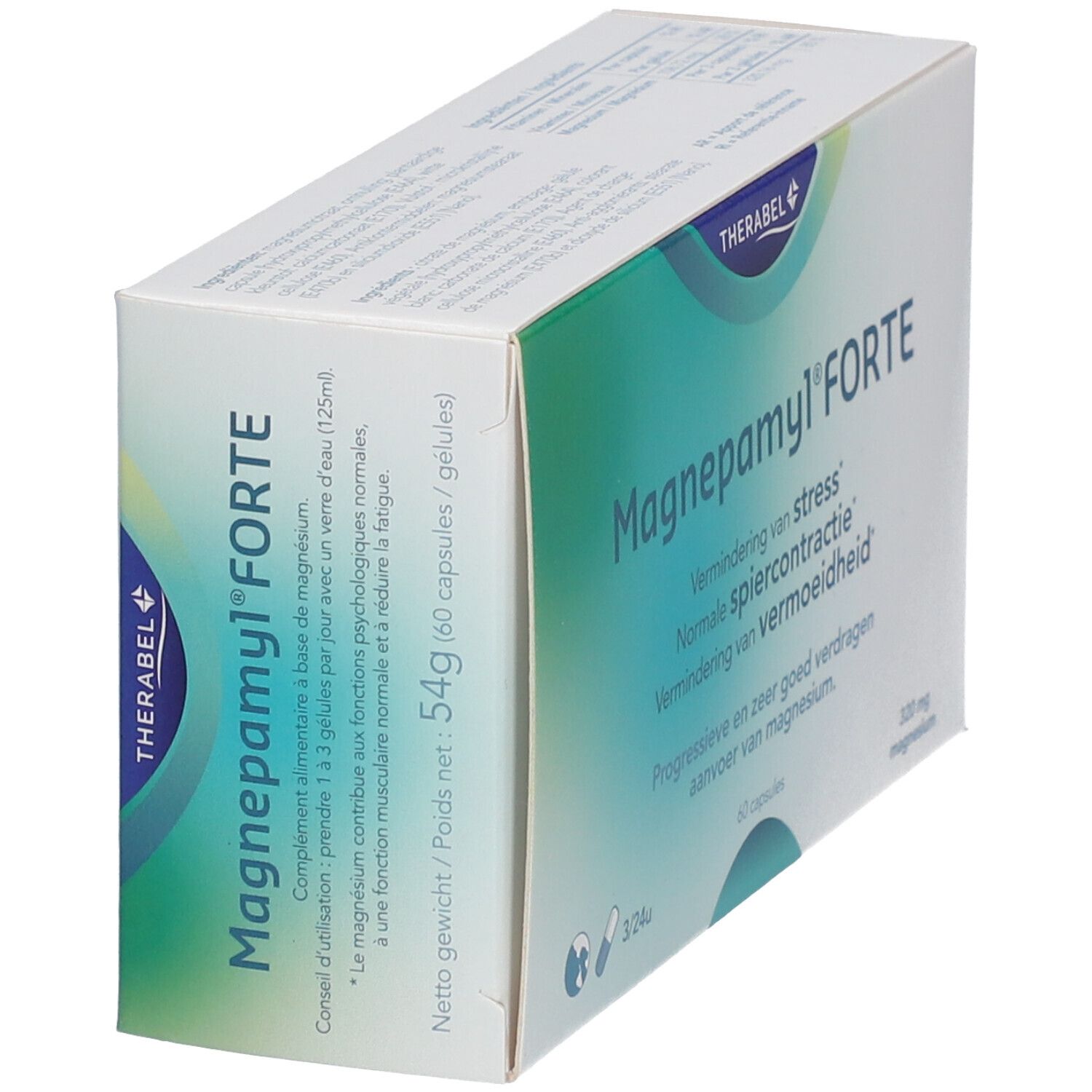Verpakking van Magnepamyl Forte. Ingrediënten en informatie. 60 capsules, 54g. Merk: Therabel.
