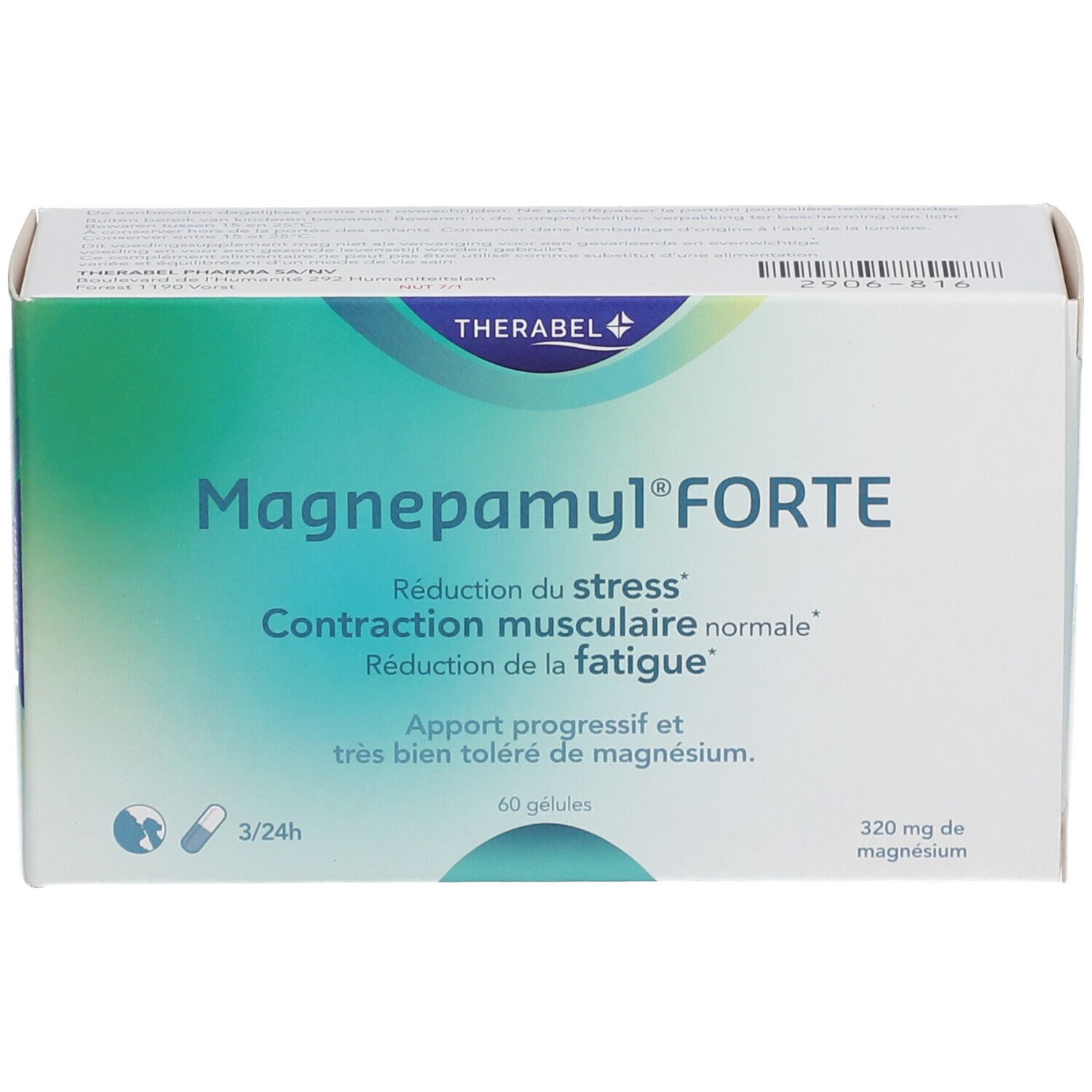 Verpakking van Magnepamyl Forte. Ingrediënten en informatie. 60 capsules, 320 mg magnesium. Merk: Therabel.