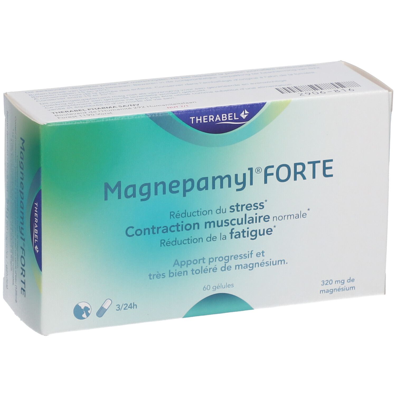 Verpakking van Magnepamyl Forte. Ingrediënten en informatie. 60 capsules, 320 mg magnesium. Merk: Therabel.