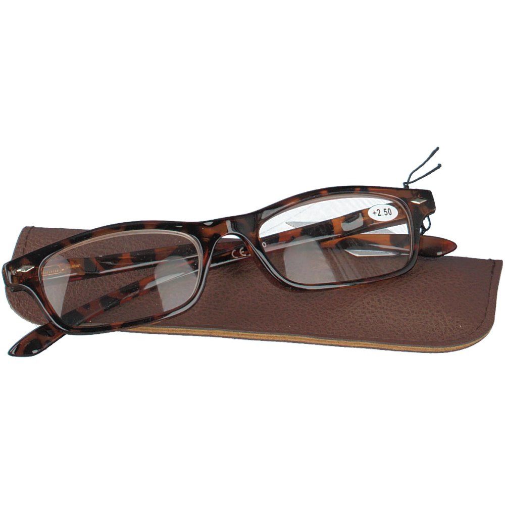 Lunettes de lecture marron +2,50 et étui. Les lunettes sont posées sur un étui marron. Le verre indique +2,50.