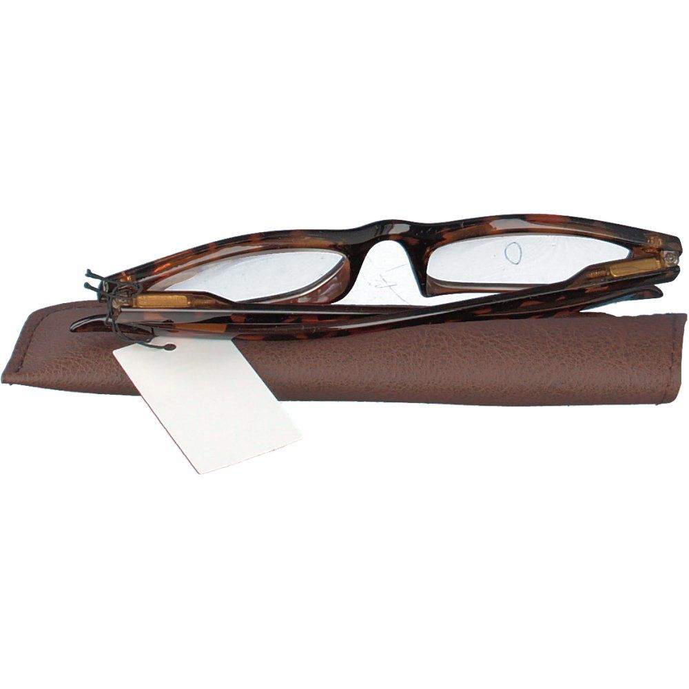 Lunettes de lecture marron +2,50 et étui. Les lunettes sont posées sur l'étui. Le verre indique +2,50.