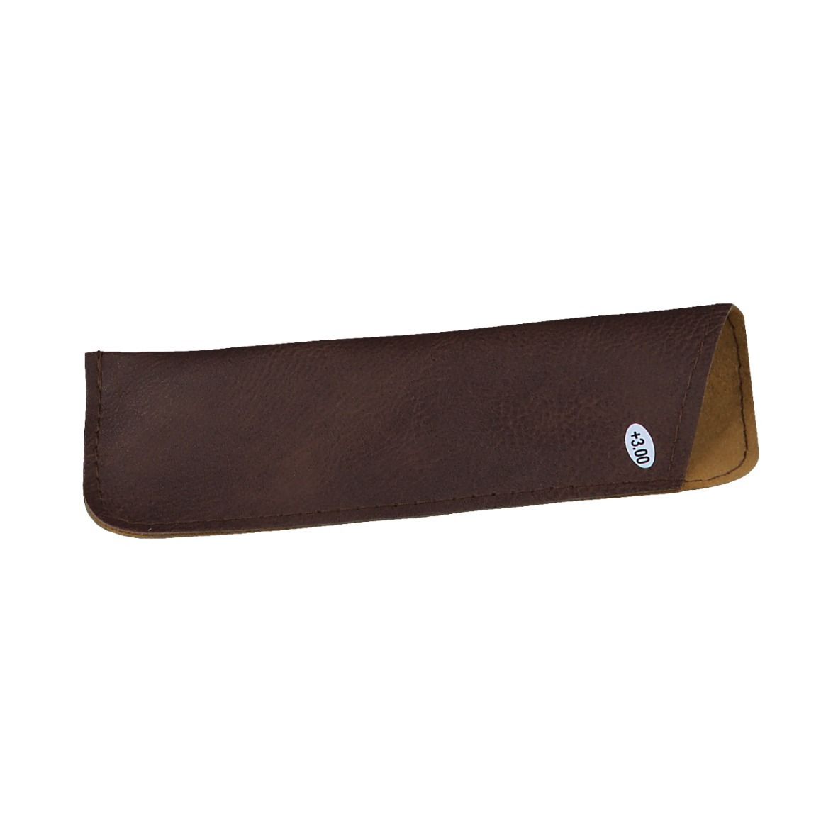 Étui à lunettes marron avec impression +3.00. L'étui est allongé et en cuir.