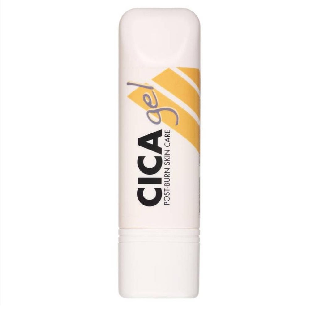 Tube blanche avec inscription CICA gel. Bandes jaunes et texte POST-BURN SKIN CARE.