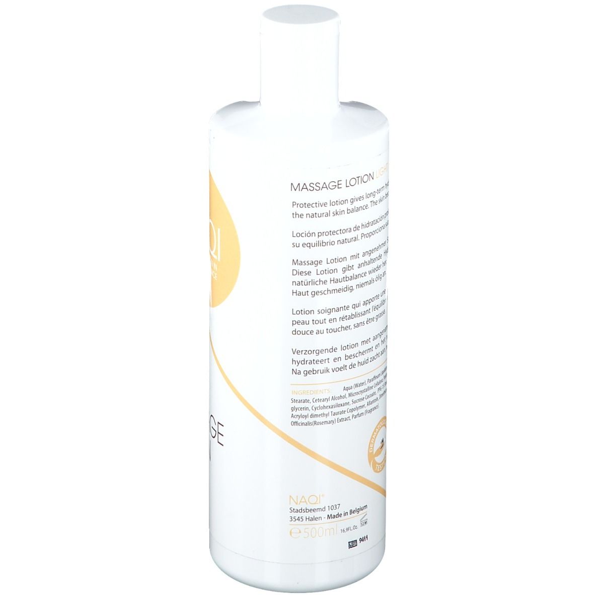 Rückseite der weißen Flasche. Text in mehreren Sprachen. Produktinformationen und Barcode.