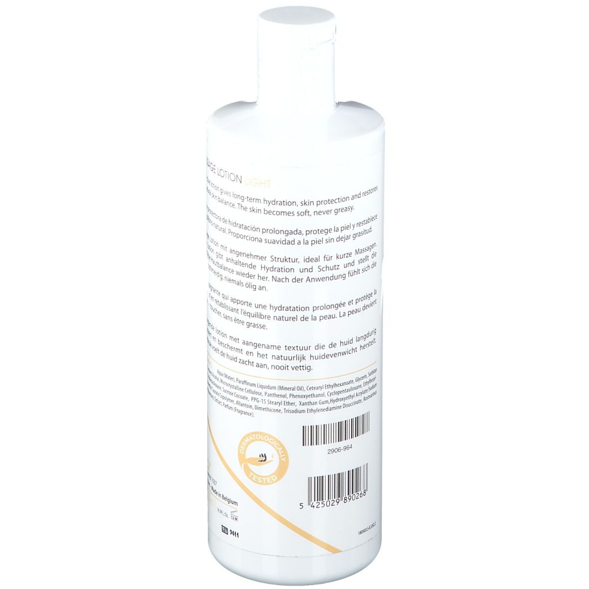 Rückseite der weißen Flasche. Text in mehreren Sprachen. Produktinformationen und Barcode.
