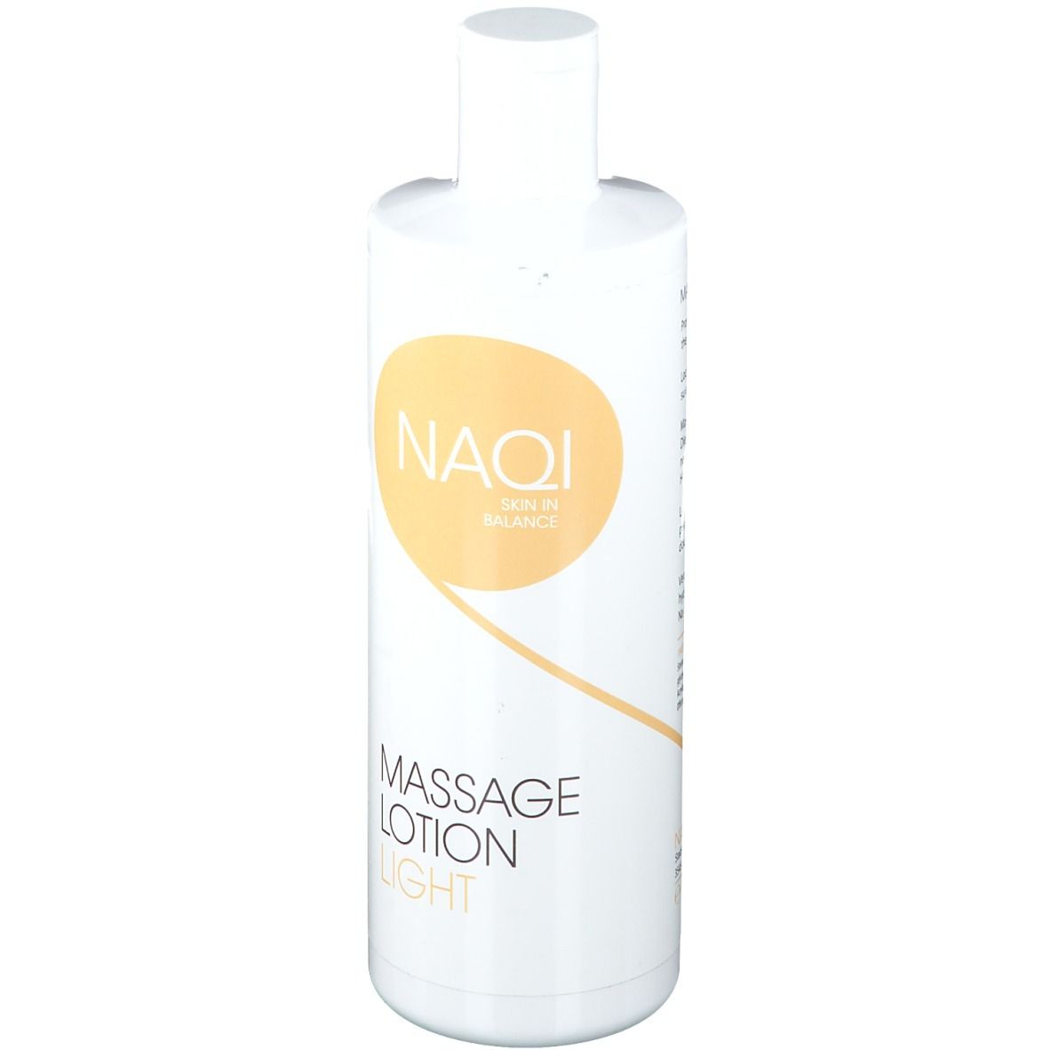 Weiße Flasche mit gelbem Logo und Schriftzug. Aufschrift: Massage Lotion Light. Produktansicht.