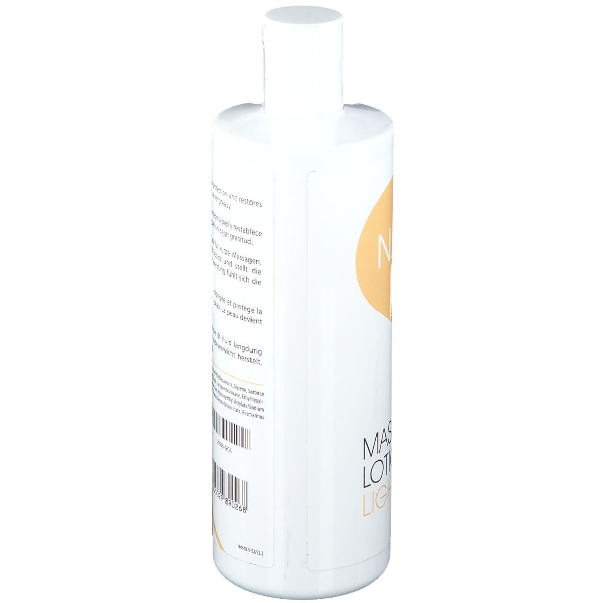 Weiße Flasche mit gelbem Logo und Schriftzug. Aufschrift: Massage Lotion Light. Produktansicht.
