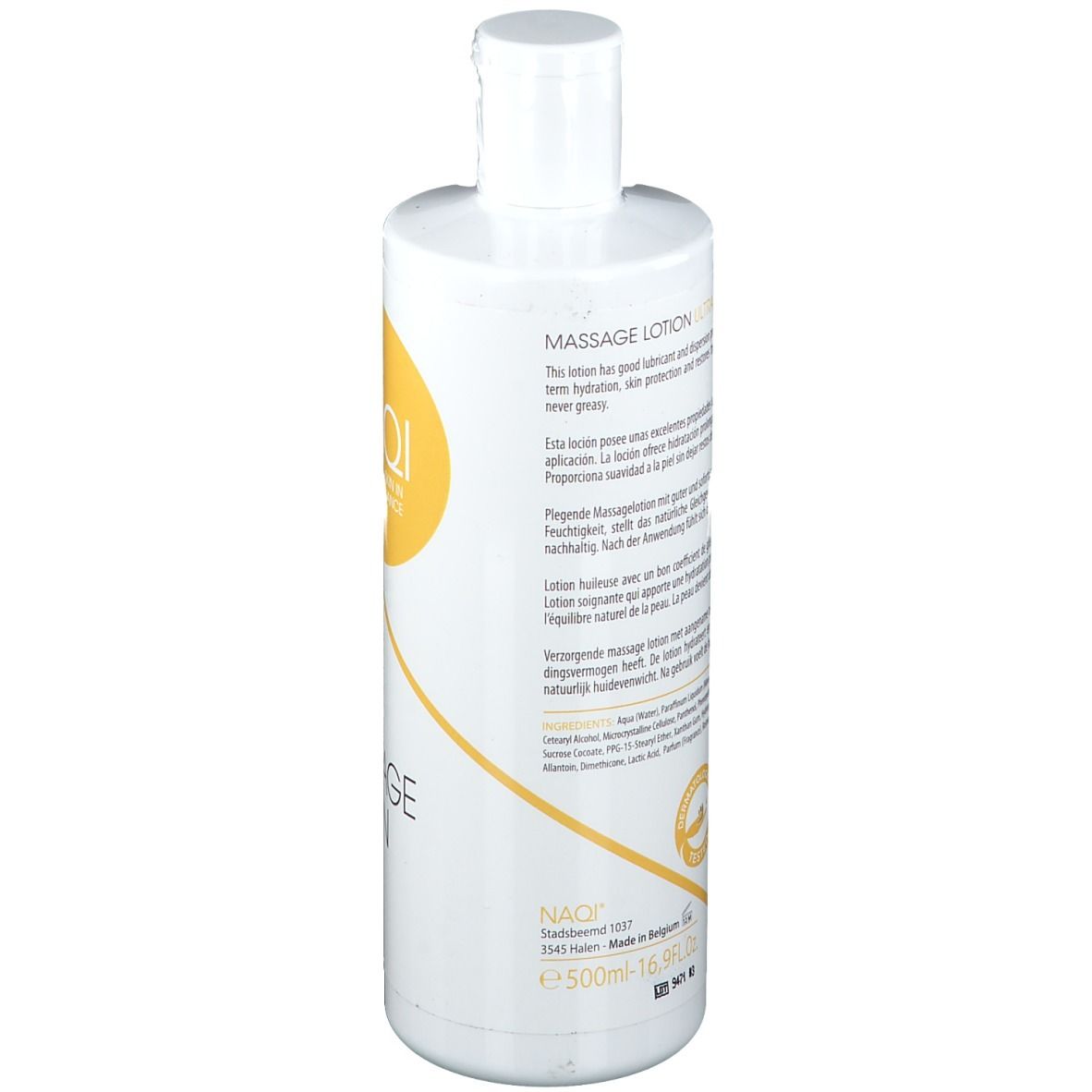 Rückseite der weißen Flasche. Text in mehreren Sprachen. Produktname: NAQI. Gelbes Logo. Volumen: 500ml.