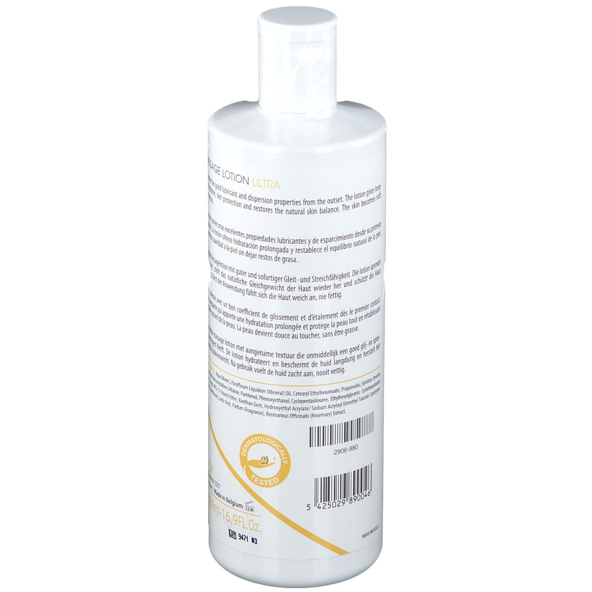 Rückseite der weißen Flasche. Text in mehreren Sprachen. Produktname: NAQI. Gelbes Logo. Barcode.