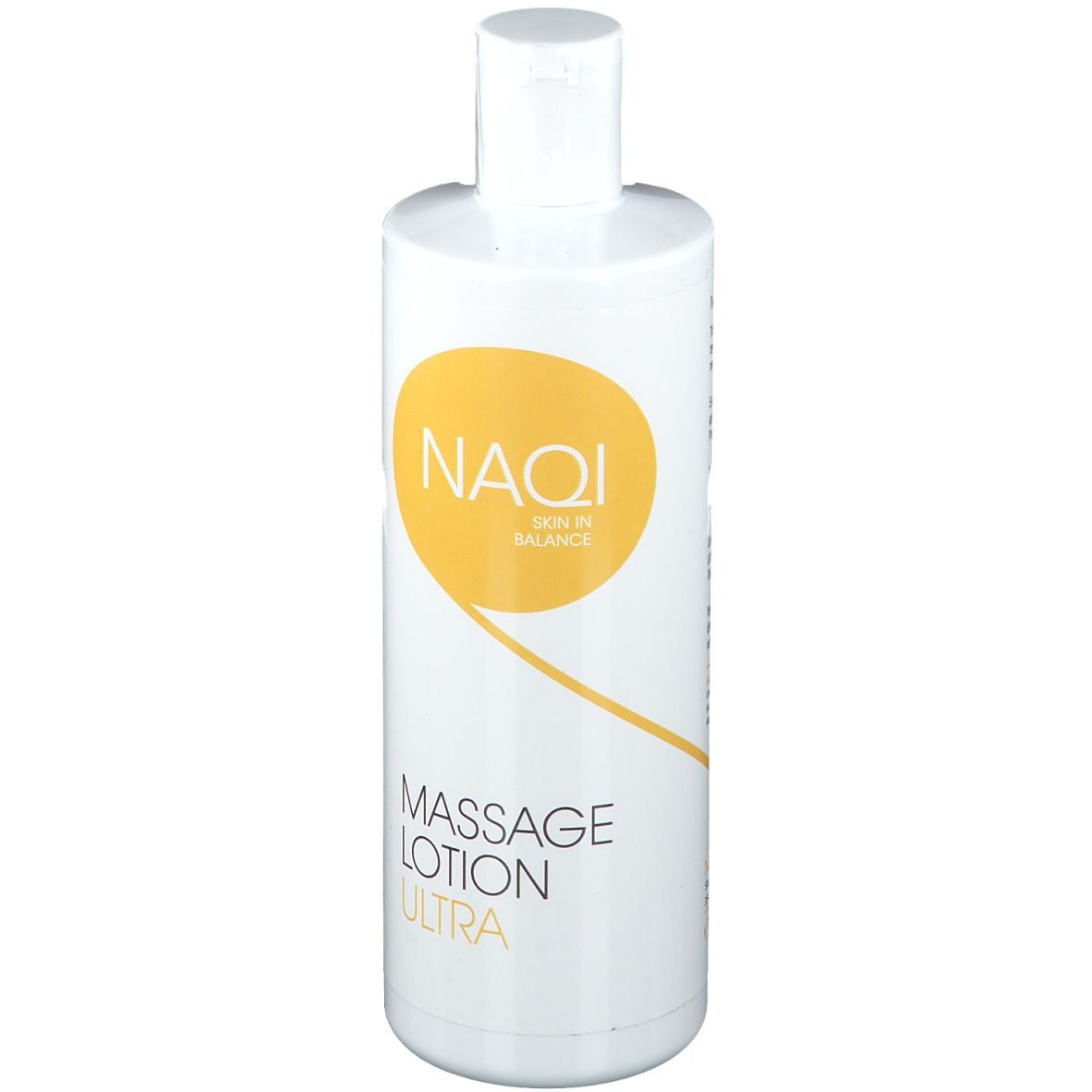 Weiße Flasche mit gelbem Logo und Schriftzug. Aufschrift: Massage Lotion Ultra. Produktname: NAQI.