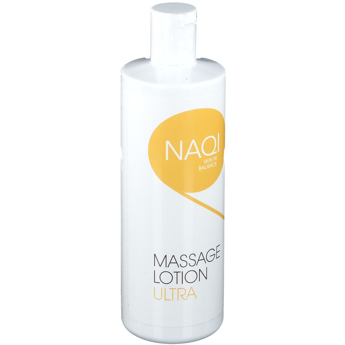 Weiße Flasche mit gelbem Logo und Schriftzug. Aufschrift: Massage Lotion Ultra. Produktname: NAQI.