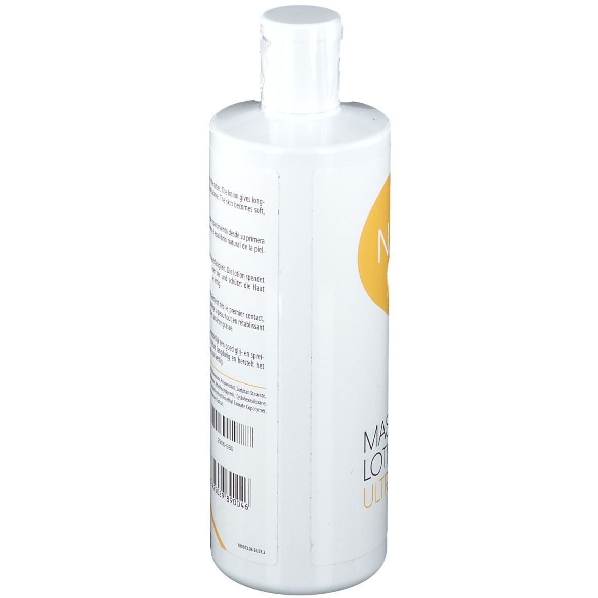 Rückseite der weißen Flasche. Text in mehreren Sprachen. Produktname: NAQI. Gelbes Logo. Barcode.