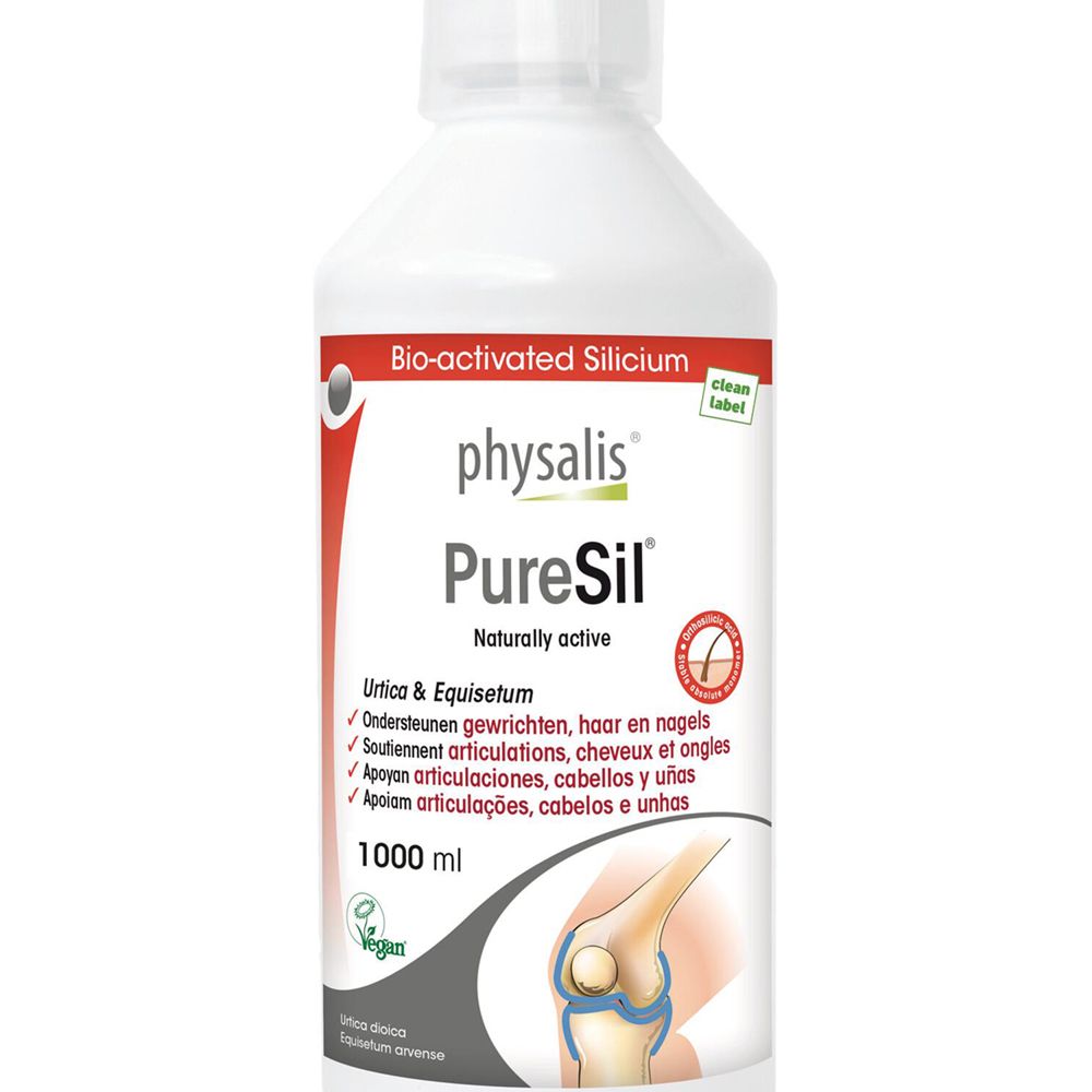 Weiße Physalis PureSil Flasche. 1000 ml. Aufschrift: Bio-aktiviertes Silicium. Für Gelenke, Haare und Nägel.