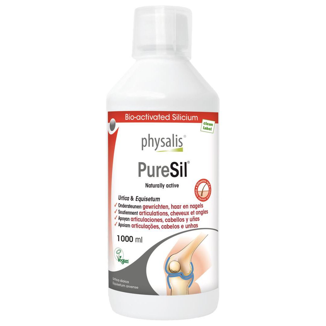 Witte Physalis PureSil fles. 1000 ml. Opschrift: Bio-geactiveerd Silicium. Voor gewrichten, haar en nagels.