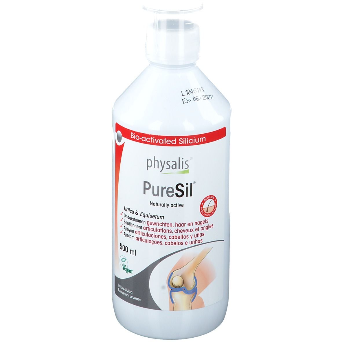 Weißes Physalis PureSil Flasche. 500 ml. Aufschrift: Bio-aktiviertes Silicium. Für Gelenke, Haare und Nägel.