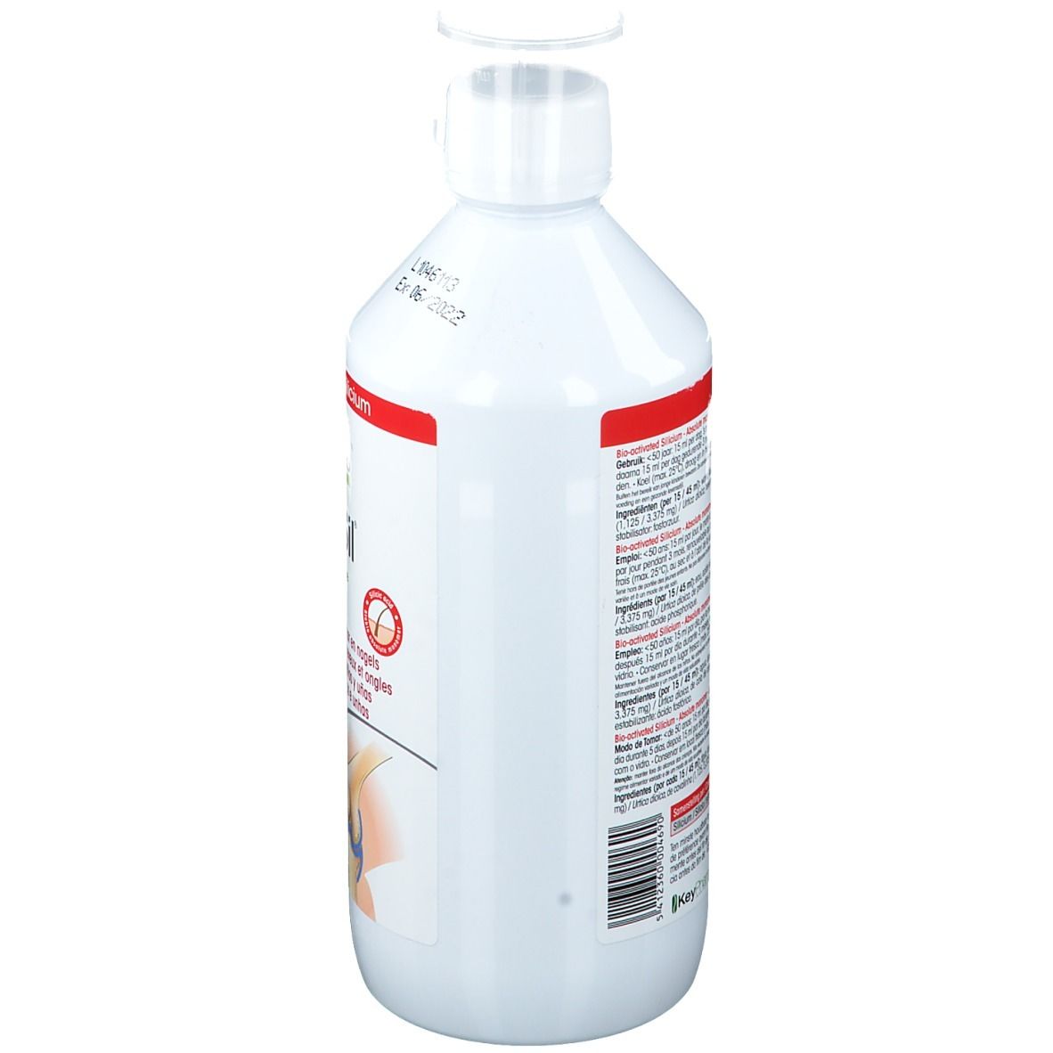 Physalis PureSil Flasche, weiß, mit rotem Etikett. Rückseite mit Inhaltsangaben und Barcode. Weißer Deckel.