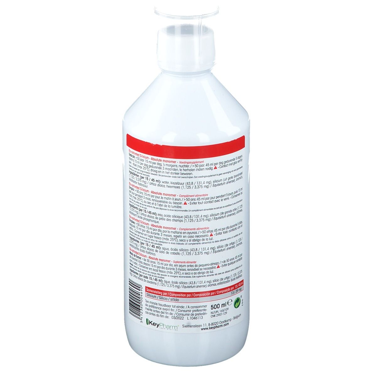 Rückseite der weißen Physalis PureSil Flasche. Enthält Inhaltsangaben und Nährwertinformationen. 500 ml.