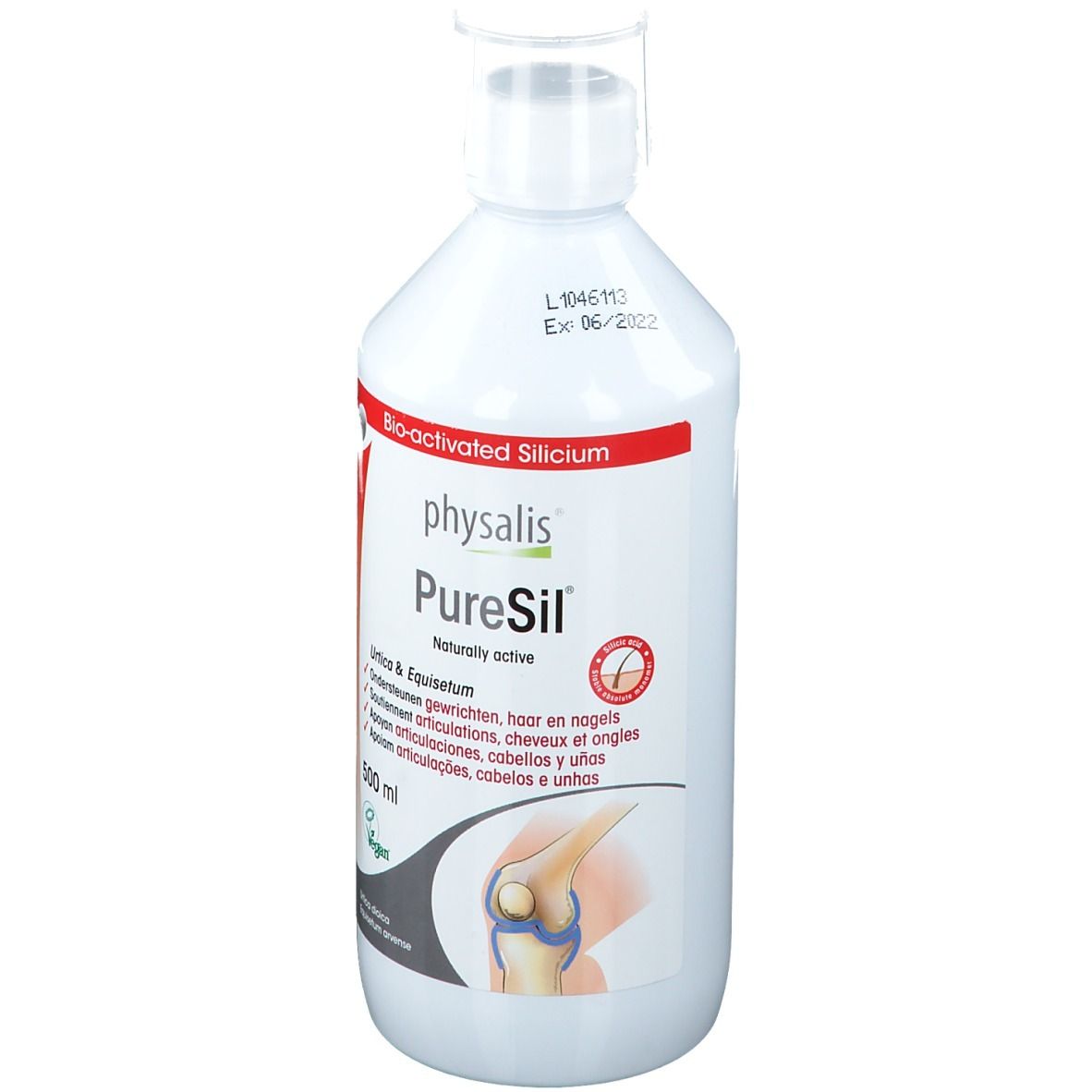 Weiße Physalis PureSil Flasche. 500 ml. Aufschrift: Bio-aktiviertes Silicium. Für Gelenke, Haare und Nägel.