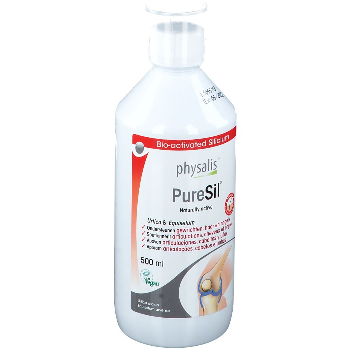 Weiße Physalis PureSil Flasche. 500 ml. Aufschrift: Bio-aktiviertes Silicium. Für Gelenke, Haare und Nägel.