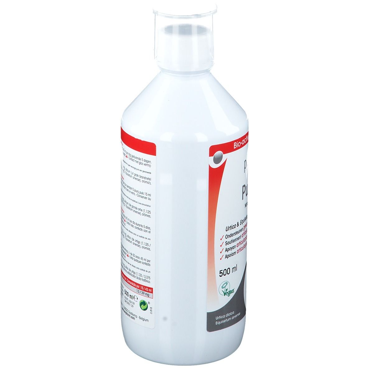 Weiße Physalis PureSil Flasche. 500 ml. Aufschrift: Bio-aktiviertes Silicium. Für Gelenke, Haare und Nägel.