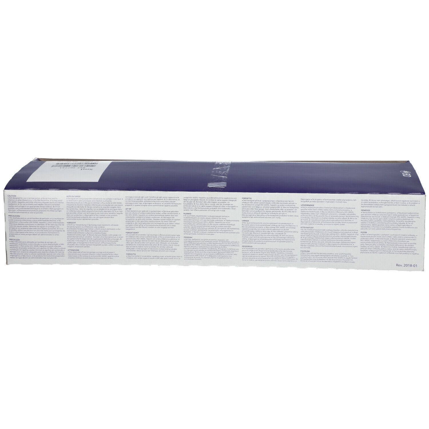 Dos de la boîte avec texte. Emballage bleu avec texte blanc. Informations produit.