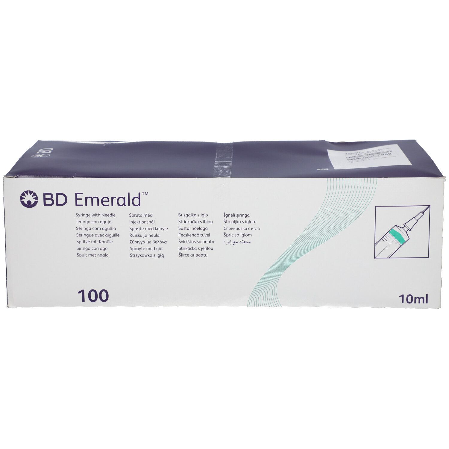Boîte de seringues BD Emerald. Inscription "100" et illustration d'une seringue. Volume : 10 ml.
