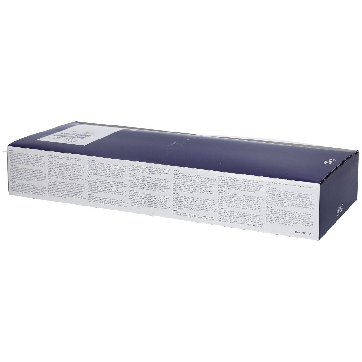 Emballage long et rectangulaire. Couvercle bleu foncé, base blanche avec texte. Inscription : BD Emerald.