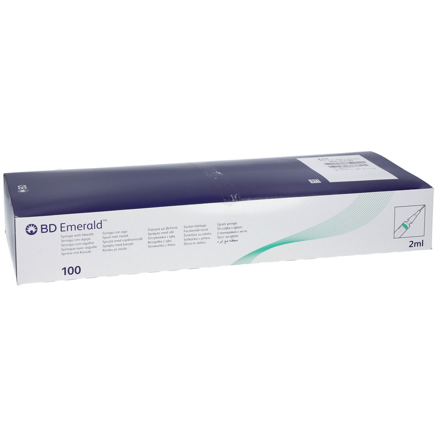 Emballage de seringues BD Emerald. Inscription : 2 ml. Logo et informations sur le produit. 100 pièces.