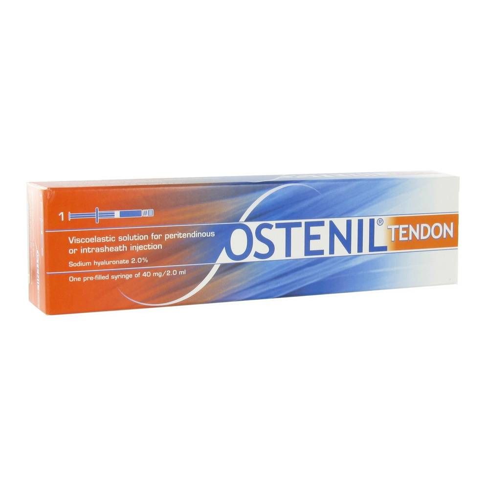 Boîte Ostenil Tendon. Inscription : Solution viscoélastique, hyaluronate de sodium 2,0%. Une seringue préremplie de 40 mg/2,0 ml. Marque Ostenil Tendon.