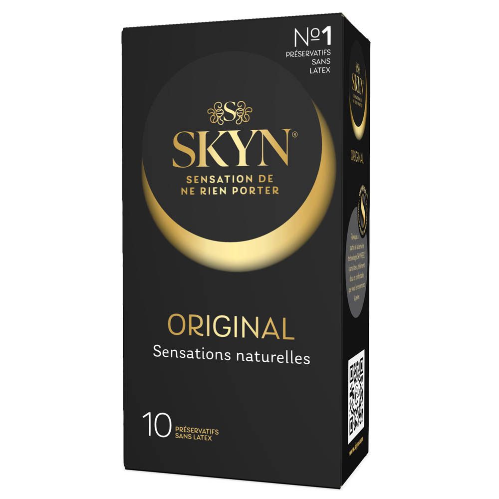 Zwarte condoomdoos. Opschrift: SKYN, 10 stuks. Merk MANIX. Franse opschriften.
