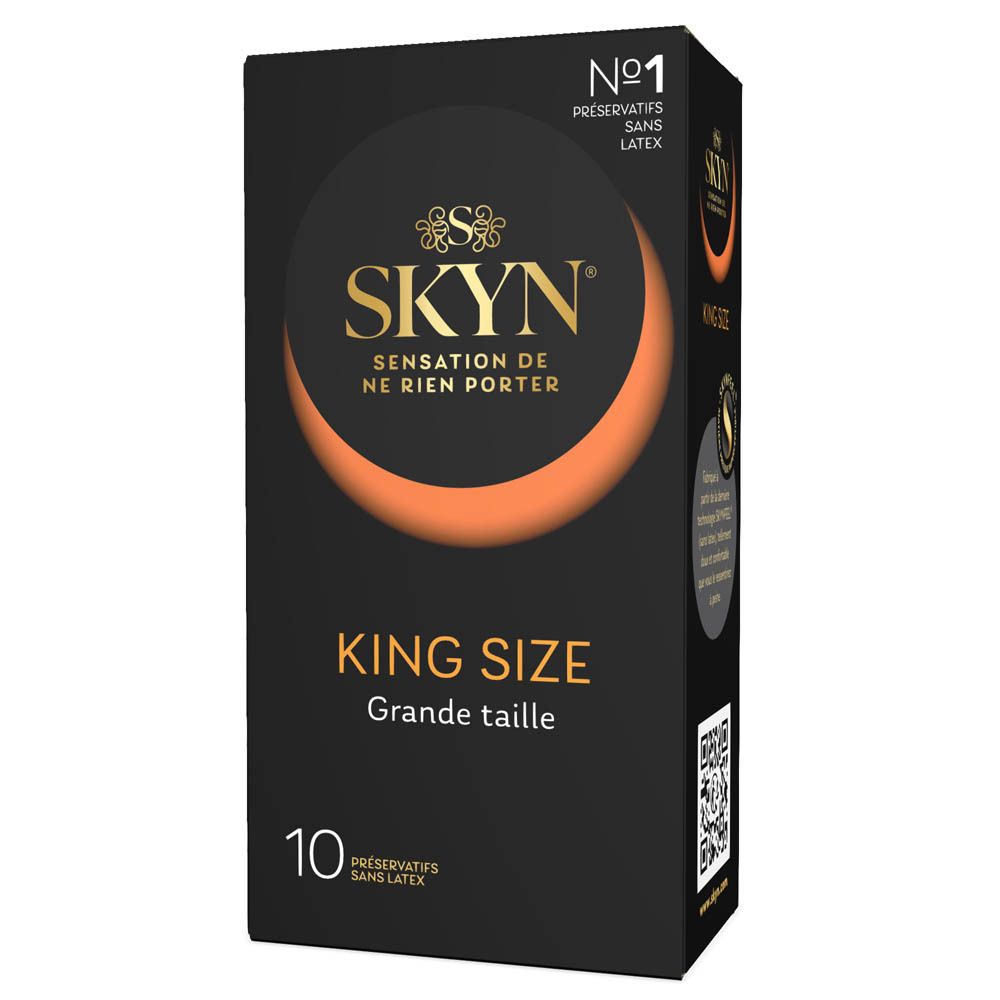 Boîte noire avec logo SKYN et inscription "XL". Contient 10 préservatifs. Texte multilingue.