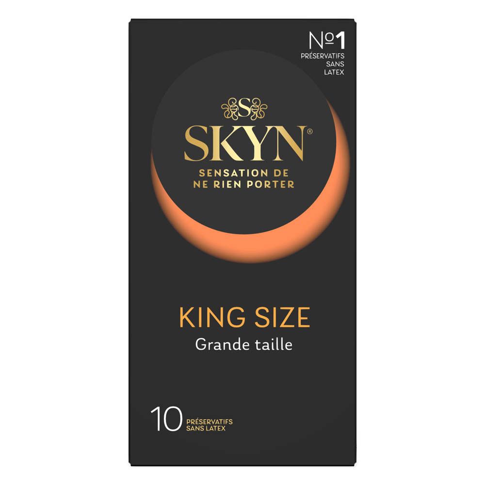 Boîte noire avec logo SKYN et inscription "KING SIZE". Contient 10 préservatifs. "Grande taille".