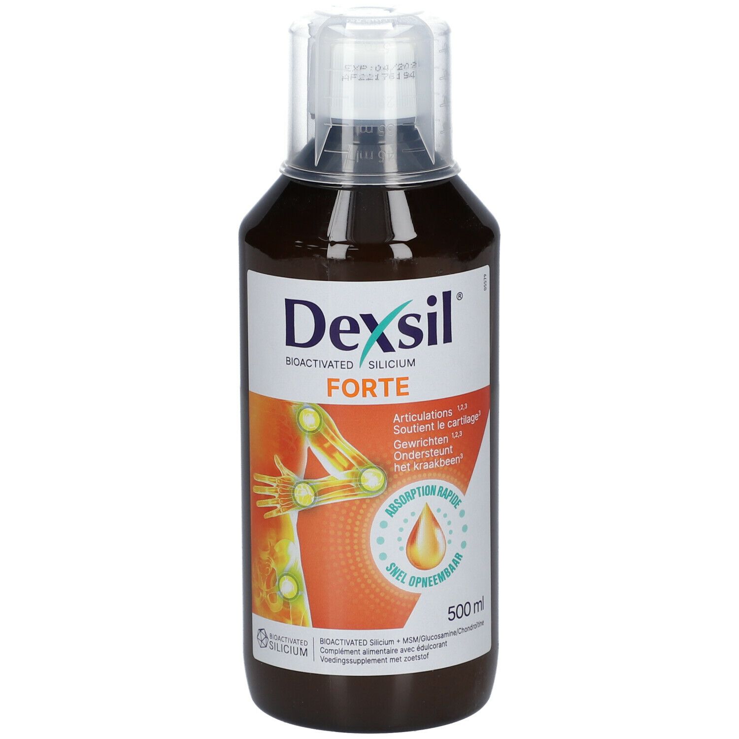 Bruine fles DexSil Forte. Opschrift: Bioactivated Silicium, 500 ml. Illustratie van een gewricht.