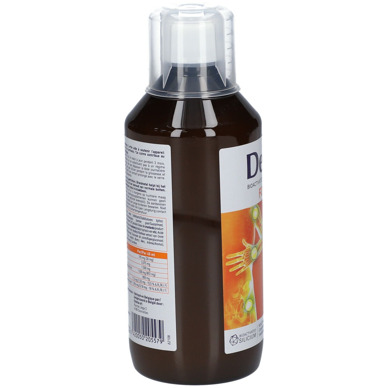 Bruine fles DexSil Forte, zijaanzicht. Tekst en etiket met ingrediëntenlijst en fabrikant.