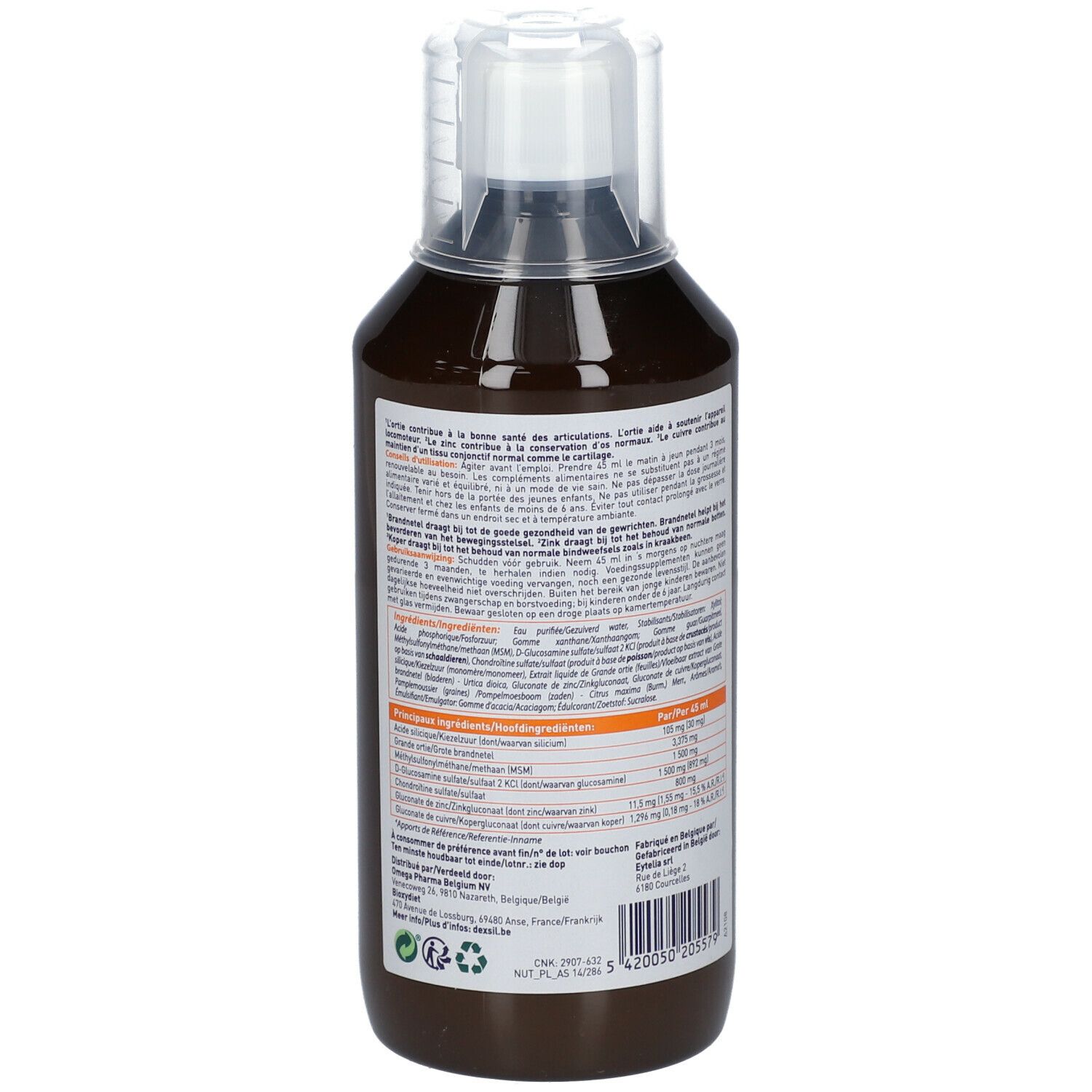 Achterkant bruine fles. Meertalige tekst. Ingrediëntenlijst en fabrikant informatie.