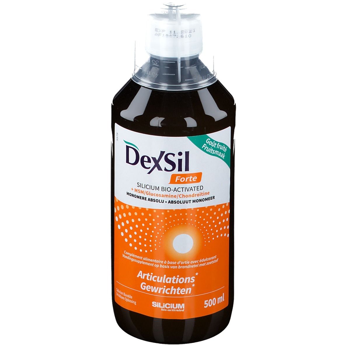 Bruine fles DexSil Forte. Opschrift: Silicium Bio-Activated, 500 ml. Illustratie van een gewricht.
