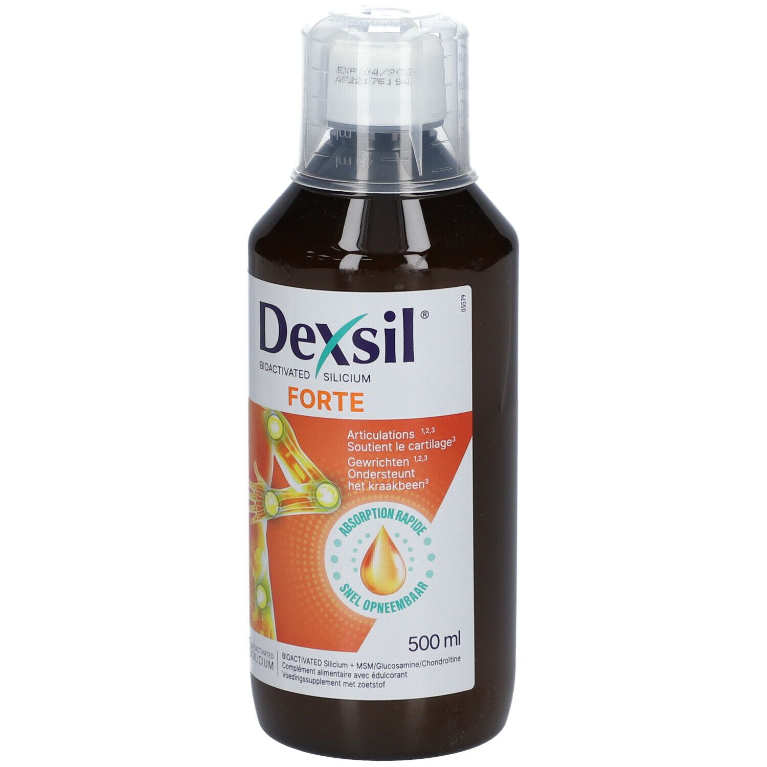 Bruine fles DexSil Forte. Opschrift: Bioactivated Silicium, 500 ml. Illustratie van een gewricht.
